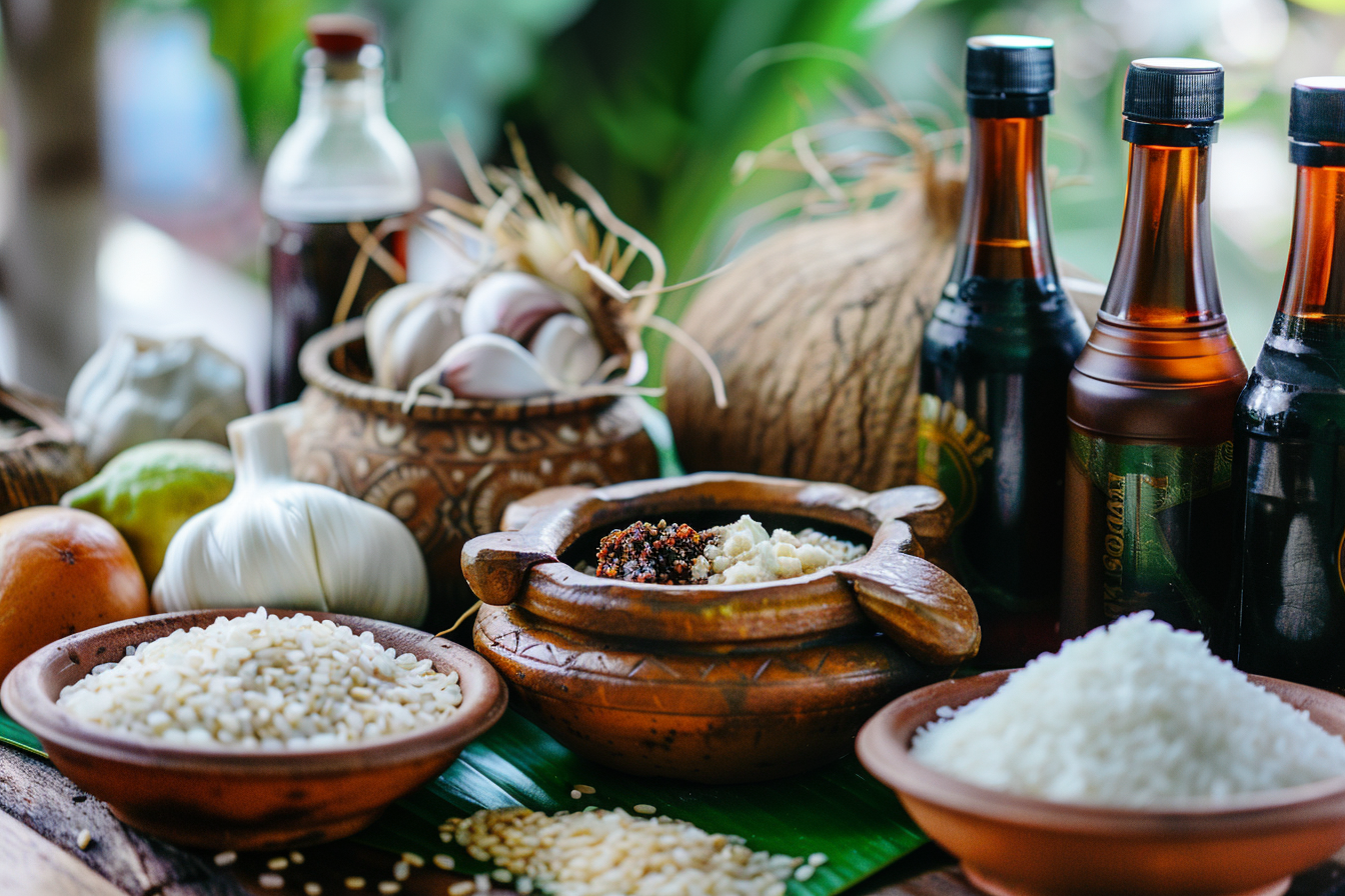 Traditional Filipino cooking ingredients including vinegar, garlic, soy sauce, and rice.
