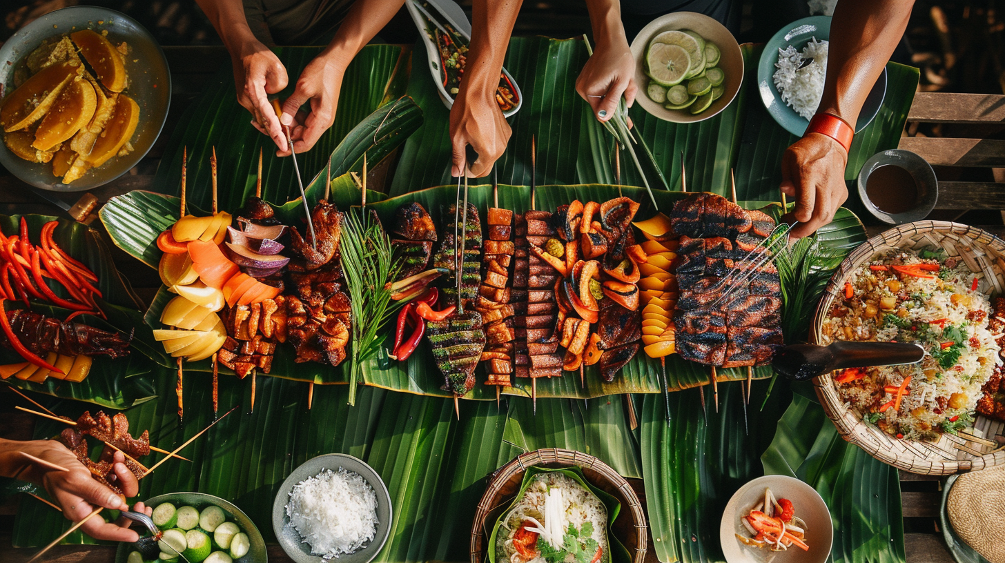Filipino kamayan feast with grilled meats, seafood, and rice on banana leaves.