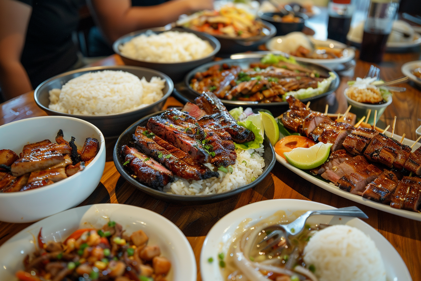 Filipino restaurant dining table with shared dishes.