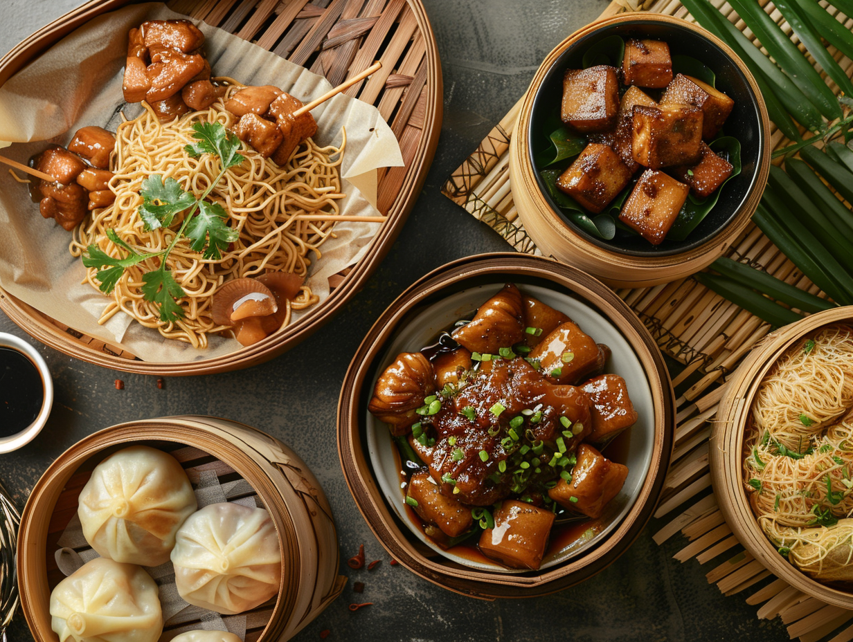 Classic Manila dishes: adobo, pancit, and lumpia.