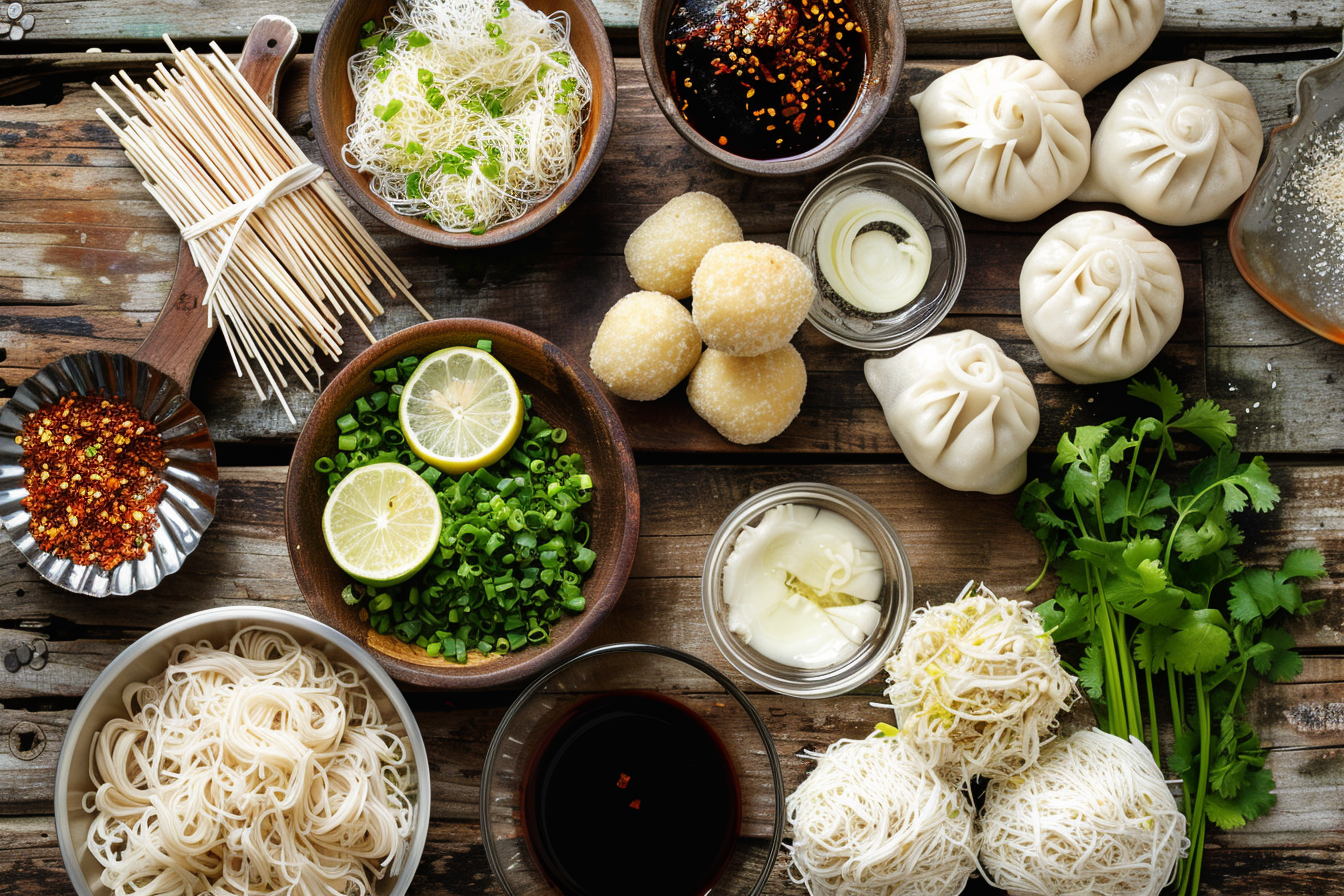 Manila food ingredients: noodles, soy sauce, and traditional condiments.