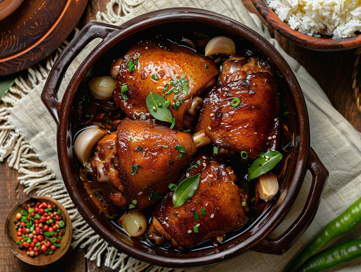 Chicken adobo braised in soy, vinegar, and garlic.