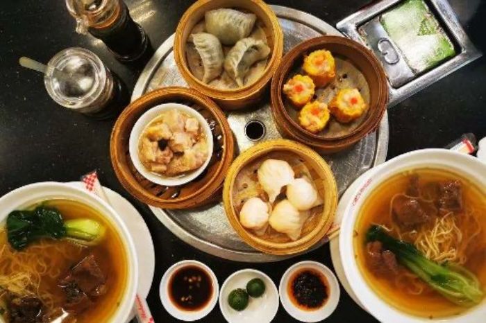 David's Tea House dim sum and noodle soup spread overhead shot with hakaw siomai